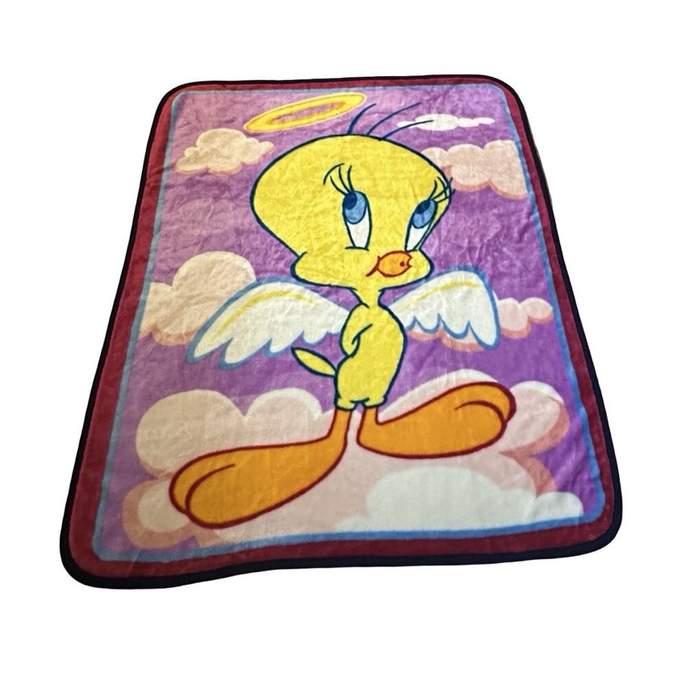 Vintage 2000 Looney Tunes Tweety Bird Angel Halo Plush Throw Blanket 50”x 58”